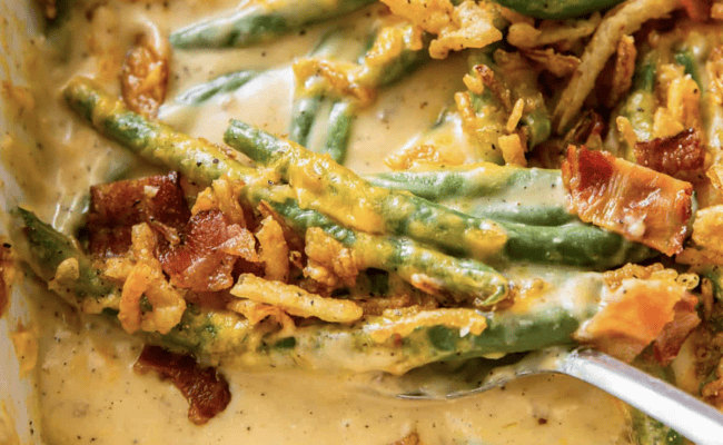 Green bean casserole with bacon and cheese.